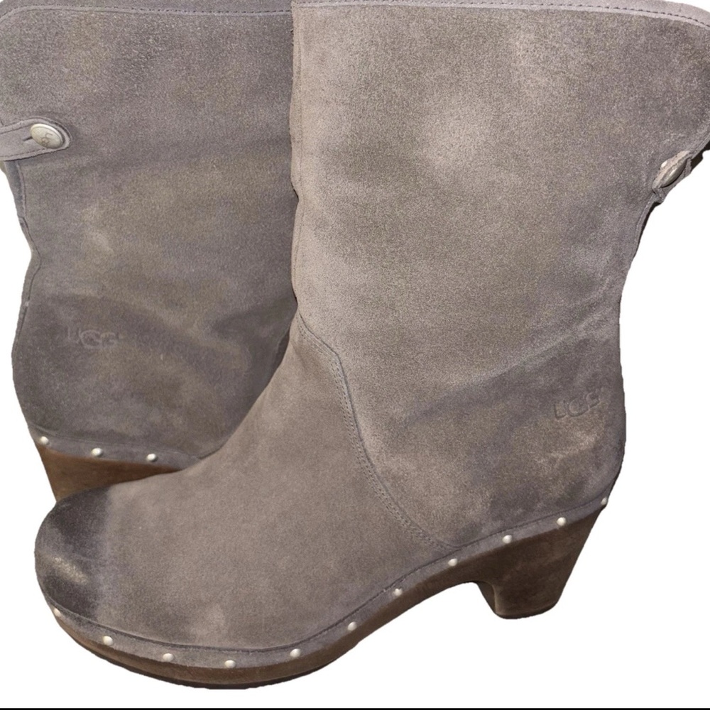 UGG Lynnea Wm 8US/39EU Gray Suede Shearling Ankle Boots Wooden Clog Soles - Picture 4 of 11
